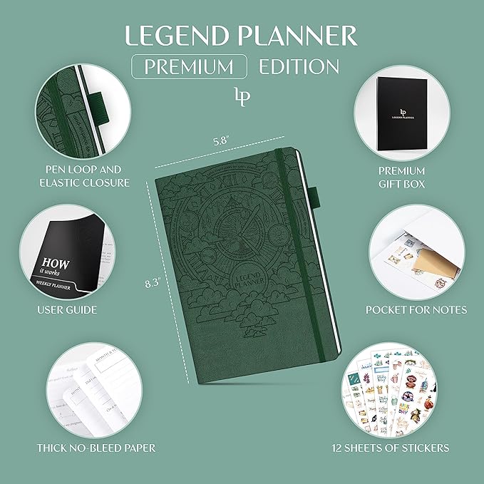 Legend Weekly Planner Premium – Undated Weekly, Monthly & Budget Planner – Life Organizer for Time Management & Productivity, A5 (Forest Green)