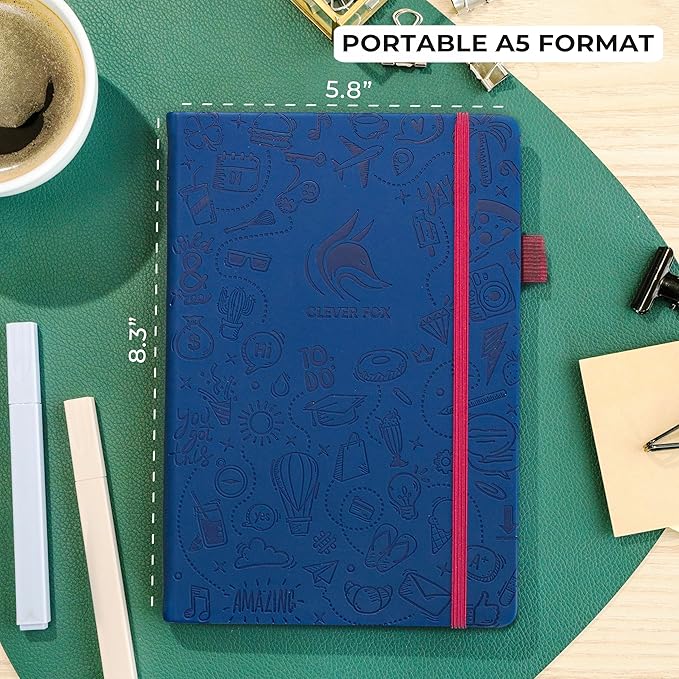 Clever Fox Dotted Journal 2.0 – Compact Planning and Sketching Dot Grid Notebook 120 GSM Thick, No-Bleed Paper – Planner with Pen Loop, Pocket, Ribbons, Stickers A5 - Navy Blue