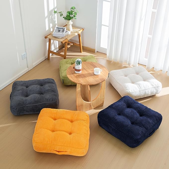 8" Washable Floor Pillow Cushion for Adults, Meditation Cushion Pillow, Large Square Floor Sitting, Removable Tufted Corduroy Cover, for Tatami Living Room or Yoga, 22x22 Inch, 2Pack, Machine Washable