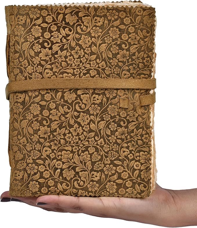 LEATHER VILLAGE Leather Bound Floral Embossed Journal for Women Men - 200 Pages, 13X8 Inches, Suntan - Book of Shadows, Vintage Blank Paper Travel Diary, Notebook for Writing, Drawing, Sketchbook