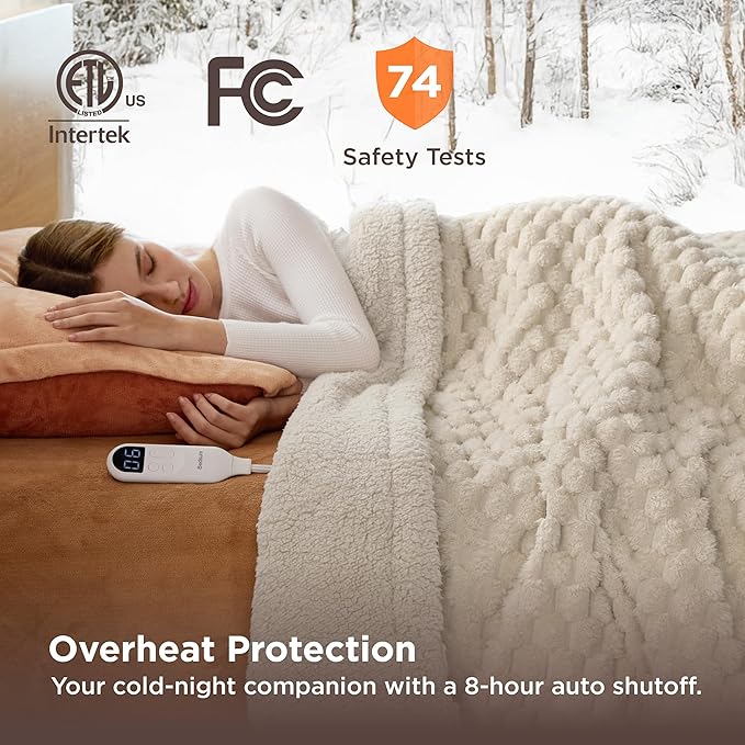 Bedsure Electric Blanket Twin Size - Super Soft Flannel Sherpa Heated Blanket with Bubble Pattern, Heating with 6 Heating Levels, 10 Time Settings, and 8-Hour Auto-Off (Light Brown, 62x84 inches)