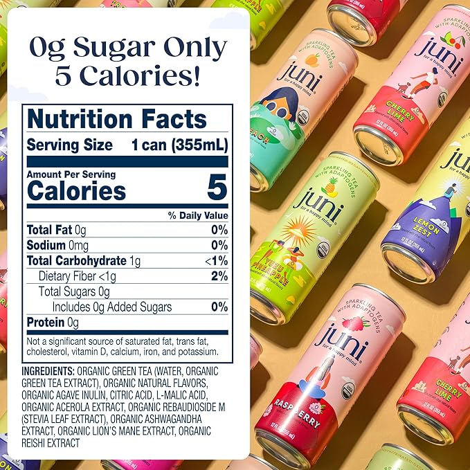 Juni Sparkling Adaptogen Drink with Ashwagandha, Lion’s Mane & Reishi Mushrooms | Green Tea for Focus, Zero Sugar, 5 Calories | Decaffeinated, Non Alcoholic Drinks – Variety Pack (12 Pack)