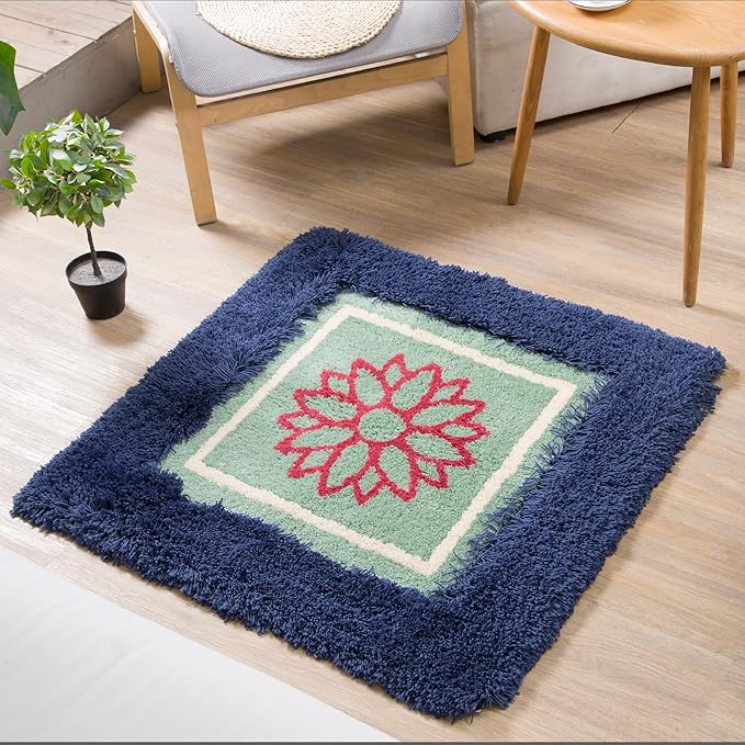 Himalayan 3 x 3 Navy Blue/Green Luxury Meditation Rug Mat Square Rugs | Thick & Supportive Yoga Mat with Non-Slip Base | Decorative Carpet & Accent Rug for Zen, Home Office & Living Room