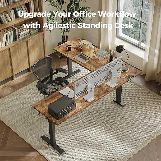 Agilestic 75 Inch L Shaped Standing Desk Adjustable Height, Corner Standing Desk, Sit Stand Up Computer Table, Splice Board, Rustic Brown