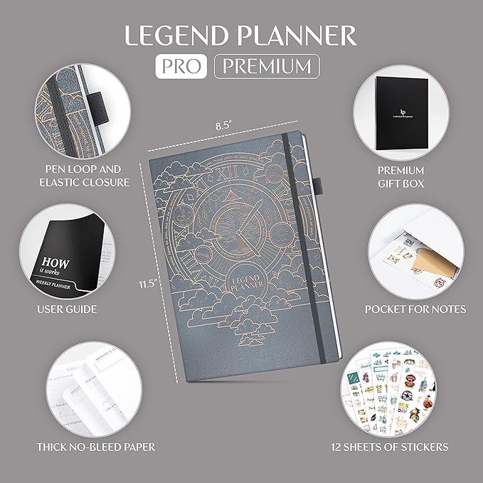 Legend Planner PRO Premium – Large Undated Weekly, Monthly & Budget Planner with Habit Tracker – Life Organizer for Time & Task Management, Goal Setting & Productivity – A4 size (Mystic Gray)