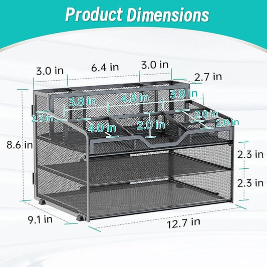 OrgMate 3 Tier Mesh Desk Organizer,Multi Functional Letter Paper Tray with 3 Pen Holders and 5 Adjustable Storage Compartments for Office Supplies Files and Mail Space Saving Desktop Organizer-Black