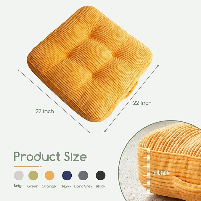 6" Washable Floor Pillow Cushion for Adults, Meditation Cushion Pillow, Large Square Floor Sitting, Removable Tufted Corduroy Cover, for Tatami Living Room or Yoga, 22x22 Inch, Machine Washable