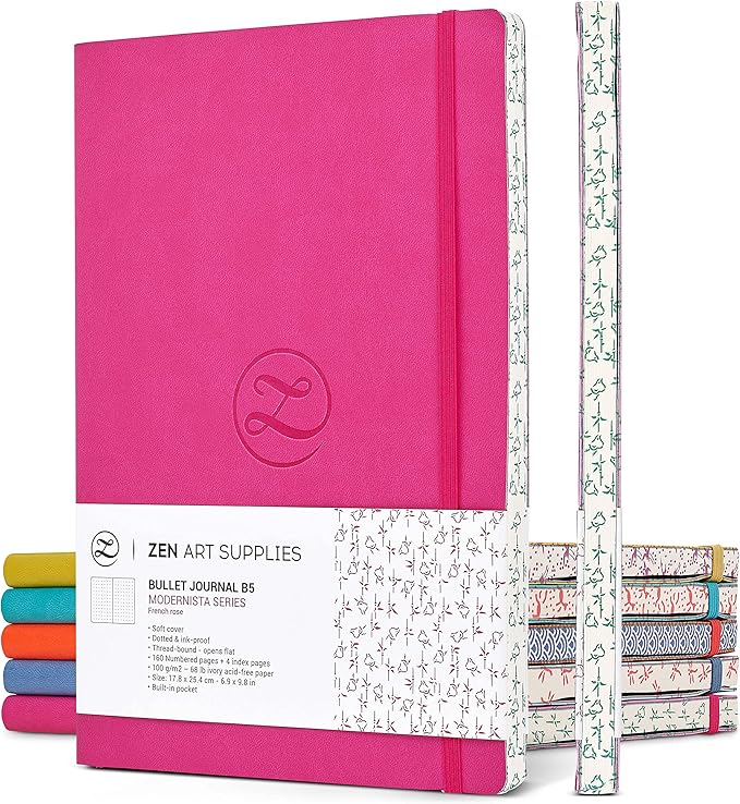 Cute Large B5 Dot Journal - Enjoy Bullet Journaling with a Soft Cover 7x10-inch, Non-Bleed Thick 120gsm Paper, Dotted Journal in Pink, Japanese Edge Motif, Faux Leather Lay Flat Dot Notebook - ZenART