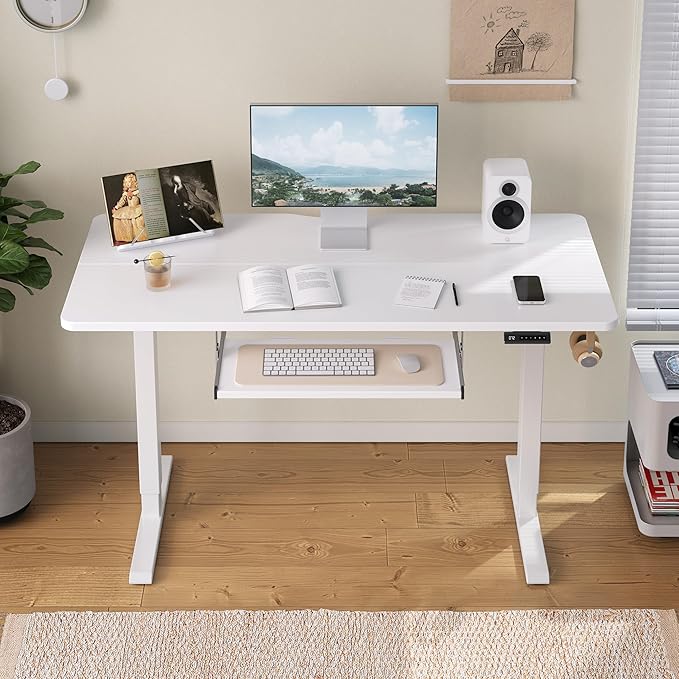 FEZIBO Standing Desk with Keyboard Tray, 40 x 24 Inch Adjustable Height Sit Stand Desk with Memory Presets for Home Office, Ergonomic Computer Workstation, White