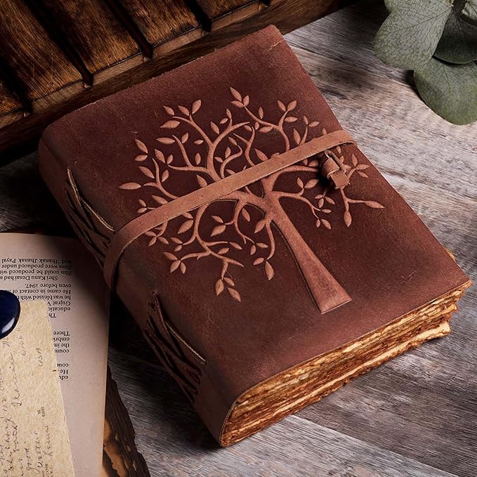 LEATHER VILLAGE Tree of Life Journal - 6 X 4 (A6) inches - Red Brown - 200 Antique Deckle Edge Handmade Paper – Book of Shadows - Vintage Leather Bound Journal for Women & Men