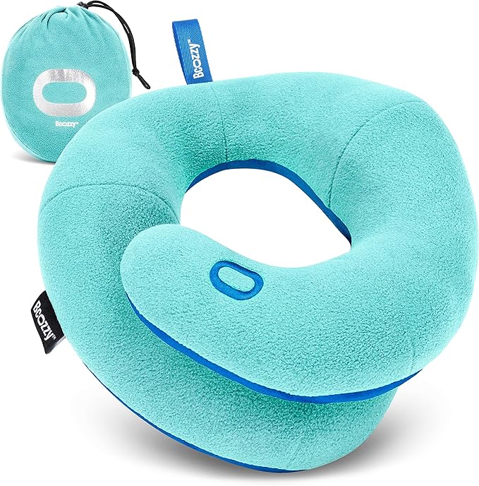 BCOZZY Kids Travel Neck Pillow (8-12 Y/O) – Patented Soft Child Pillow for Head & Chin Support in Car, Airplane, and Road Trip Sleeping. Adjustable Size. Carry Bag. Fully Washable. Medium, Light Blue