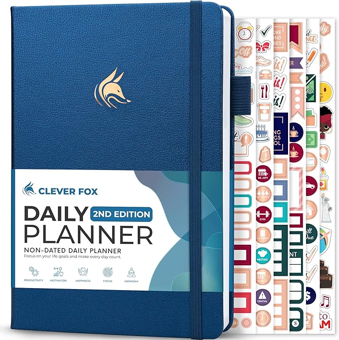 Clever Fox Daily Planner 2nd Edition – Undated Time Block Task Organizer with Hourly Schedule & to-do List – A5, 6 Months (Mystic Blue)