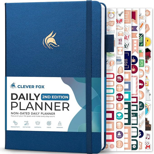 Clever Fox Daily Planner 2nd Edition – Undated Time Block Task Organizer with Hourly Schedule & to-do List – A5, 6 Months (Mystic Blue)