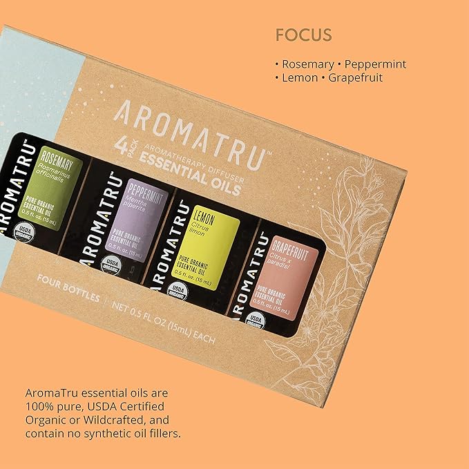 Focus Essential Oil Kit – Rosemary, Peppermint, Lemon, and Grapefruit – Organic & Wildcrafted – ISO Certified – No Synthetic Fillers – Ethically Sourced