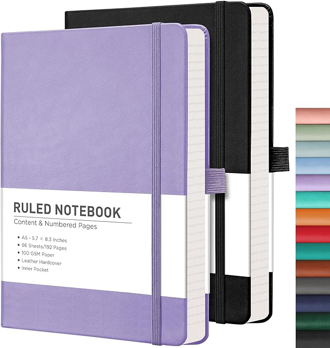 RETTACY Lined Journal Notebook, 2-Pack, 192 Numbered Pages per Pack, A5 Medium Size (5.7'' x 8.3''), for Men & Women, Writing, Work, Leather Hardcover, 100 GSM Thick Paper (Black & Purple)