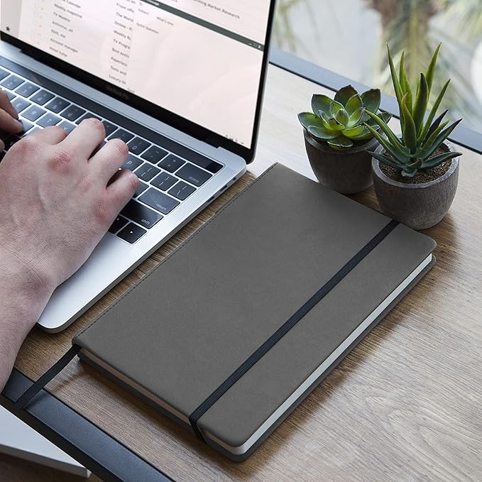 Thick Hardcover Journal Notebook - Ruled/Lined A5 (5x8 inch), Deluxe 120gsm Paper, Lays Flat for Writing, Professional Notebooks for Work, Business, Office, Executive, Gifts for Men and Women - Gray