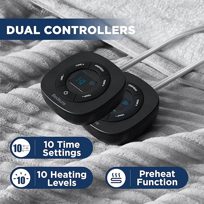 Bedsure GentleSoft Electric Blanket Queen Size - Soft Ribbed Flannel Heated Blanket with Dual Control, Heating with 10 Heat Settings & 10 Time Settings, 8 hrs Timer Auto Shut Off (84"x90", Light Grey)