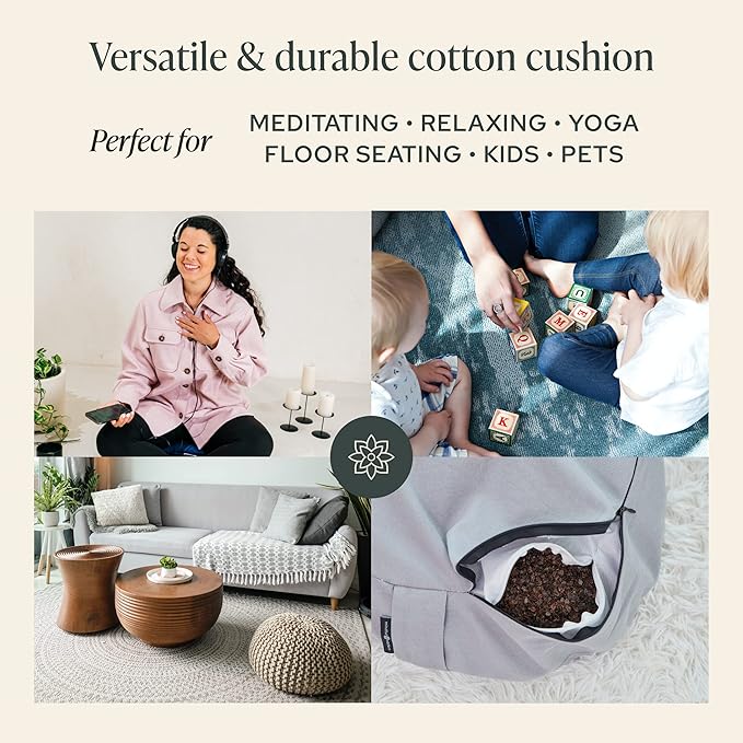 Mindful & Modern Large Meditation Cushion | Zafu Yoga Bolster Meditation Floor Pillow Seat | Buckwheat Hull Filled Crescent Shaped Cushion with Removable Washable Cover + Carry Handle