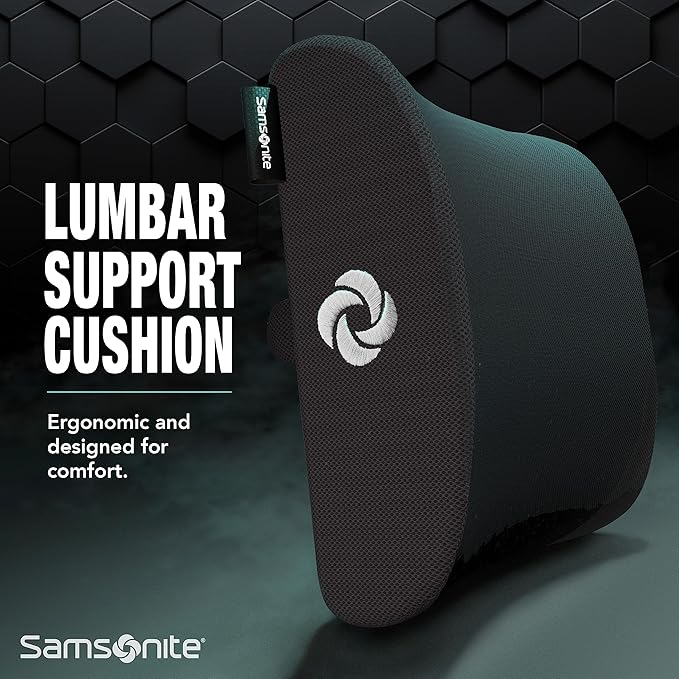 Samsonite Ergonomic Lumbar Support Pillow for Office Chair, Gaming Chair, or Car, Memory Foam Cushion with Ventilated Mesh and Adjustable Strap