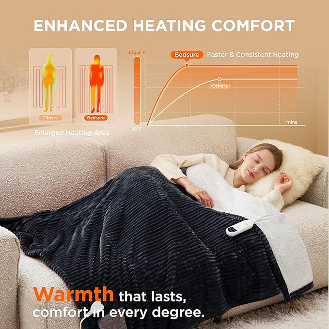 Bedsure GentleSoft Electric Blanket Full Size - Soft Ribbed Flannel Heated Blanket with 6 Heat Settings, Heating with 10 Time Settings, 8 hrs Timer Auto Shut Off, Gifts for Grandma (72"x84", Black)