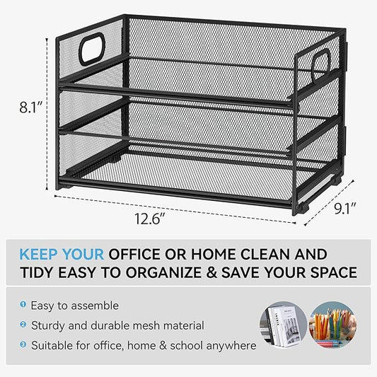 Subekyu 3 Tier Paper Letter Tray Organizer for Desk, Black Metal Mesh Desk File Folder Sorter Organizer with Handle and Sliding Tray for Home, Office, School Supplies Organization Storage