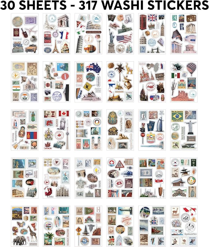 300+ Travel Stickers & 20 A5 Papers - Pre-Cut Washi Stickers for Journaling & Vintage Travel Scrapbooking