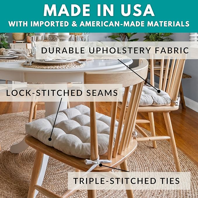 Barnett Home Decor Dining Chair Cushions with Ties – Size Medium 16.5 x 18 - Latex Foam Fill, 100% Cotton, Machine Washable Chair Pads for Kitchen Chairs, Made in USA (Cotton Duck Wine/Pack of 2)