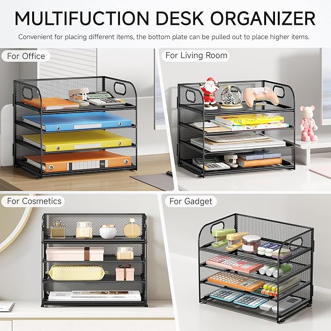 Lavatino Paper Organizer for Desk, 4-Tier Desk Organizer Tray, Mesh Desktop File Organizers with Handle, Office Classroom Organization and Storage-Black
