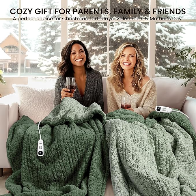 Electric Heated Blanket Throw 50x60 inches, Fast Heating w/ 10 Heat Settings & 2/4/8/10H Auto Timer, Double-Sided Sherpa, Ultra Soft & Cozy for Couch, Bed, Office, Machine Washable,Sage