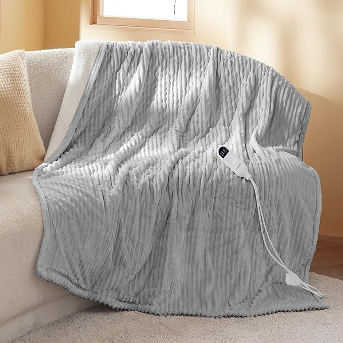 Bedsure GentleSoft Heated Blanket Electric Throw - Soft Ribbed Flannel Electric Blanket, Heating with 4 Time Settings, 6 Heat Settings, and 3 hrs Timer Auto Shut Off (50x60 inches, Light Grey)