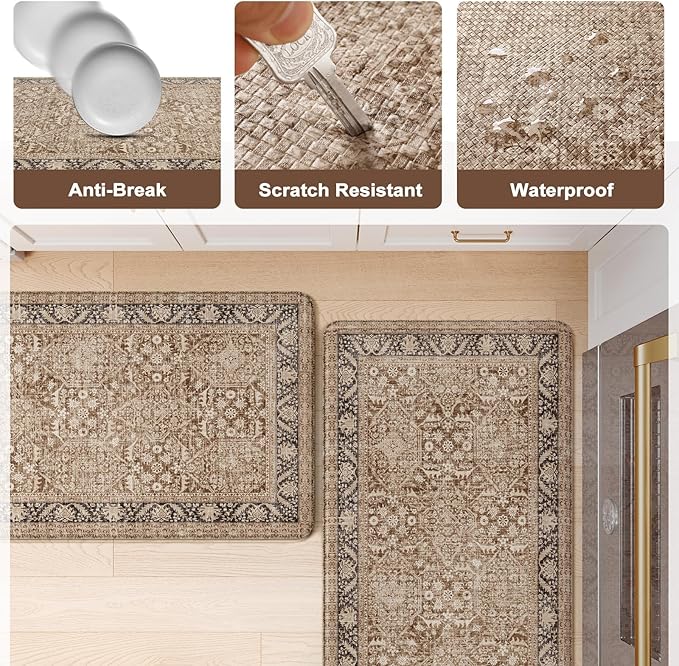 KIMODE Anti Fatigue Kitchen Mat 20"x59"+20"x32", Boho Distressed Kitchen Rugs Sets of 2, Kitchen Mats for Floor Cushioned Non Slip, Comfort Kitchen Floor Mats for Sink, Laundry, Desk Brown