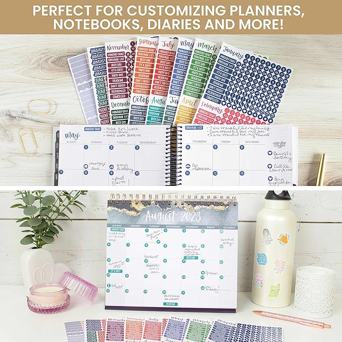 bloom daily planners Bright & Colorful Calendar Essentials Planner Stickers - 8 Sheets, 1629 Stickers Per Pack! - Color Coordinating Monthly Headings, Dates, Icons, Etc. - Happy Seasons