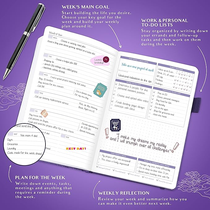 Legend Weekly Colorful Planner 2nd Edition – Undated Life & Work Agenda Journal for Time Management, Goal Setting, Productivity, Tasks & To Do Lists – A5 size, 5.8 ″ x 8.3″, Hardcover – Purple