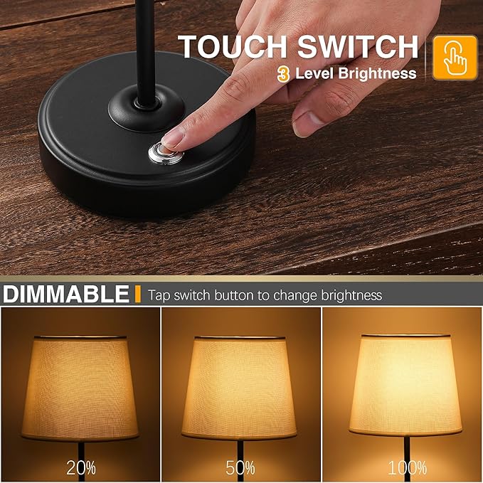 Rechargeable LED Cordless Table Lamp, 5200mAh Battery Operated, 3 Level Brightness, Portable Night Bedside Lamp, Ambient Desk Light for Home Decor, Patio, Restaurant, Dinning(Black)