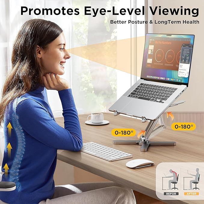 FoldWise X Premium Laptop Stand for Desk - 100% Aluminum, Portable & 360° Rotating - Adjustable Height & Angles Laptop Riser - Sturdy & Foldable MacBook Stand Compatible with All 11-18” Devices