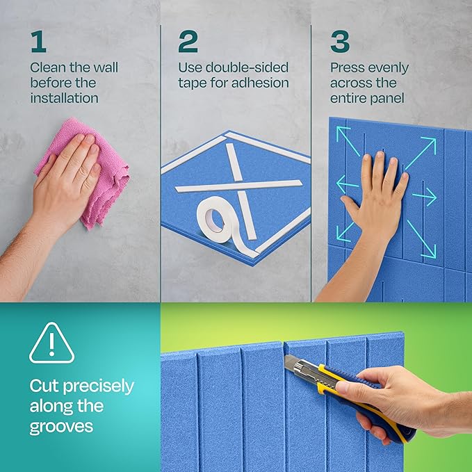 Acoustic Panels 12-Pack Soundproof Wall Panels 12"x12"x0.4" Decorative Sound Dampening for your Home, Office, Studio, Bedroom & More with Unique LineWave Carving [Grand Blue]