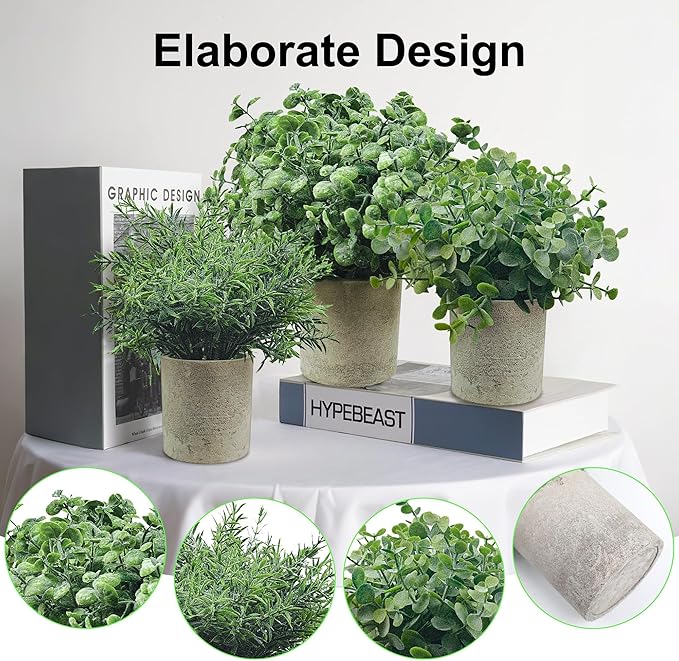 USLAI Small Potted Fake Plants(3-Pack), Mini Artificial Plastic Eucalyptus Plants Topiaries for Home Office Shelf Desk Farmhouse Room Coffee Table Decor