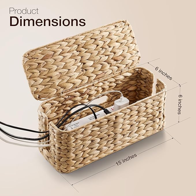 Wicker Cable Management Box with Lid - 15 inch Cable Organizer Box and Power Strip Box for Electrical Cord Management - Desk Cord Hider and Floor Cable Management for Office (Natural Color, 1)