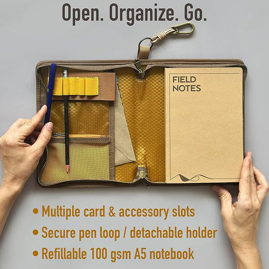 Le Vent A5 Field Notebook Organizer – 3-Layer Waxed Canvas Refillable Travelers Journal, Planner (200 Pages, 5x8) – Fits Moleskine, LEUCHTTURM1917, Hobonichi, Midori & Field Notes – Travel & Office Ready