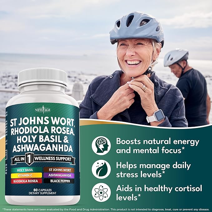 NEW AGE St Johns Wort, Rhodiola Rosea, Holy Basil, Ashwagandha - Support for Women and Men with Vitamin C & Black Pepper Extract - 180 Count