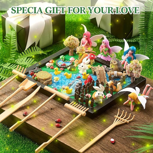 Soulchen Zen Garden Kit for Desk Decor Zen Sand Garden Box Set with Black Wooden Tray, Blue Sand, Tools & Accessories Japanese Gifts for Desktop Meditation Room Office Home (Fairy Style)