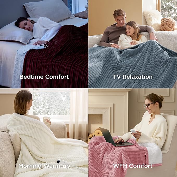 Bedsure GentleSoft Heated Blanket Electric Throw - Soft Ribbed Flannel Electric Blanket, Heating with 4 Time Settings, 6 Heat Settings, and 3 hrs Timer Auto Shut Off (50x60 inches, Coconut White)