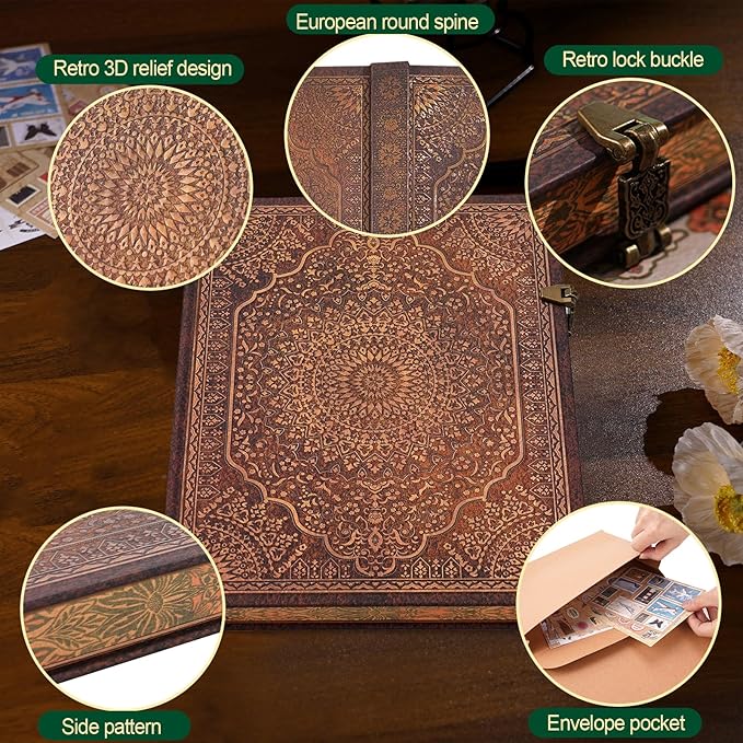 Retro 3D Red Charm Golden Radiance Cover Hardcover Journal,Containing 96 Sheets/192 Pages Lined Journal,With Envelope Pocket,Suitable As A Notebook,Travel Diary,Or Wedding Anniversary.