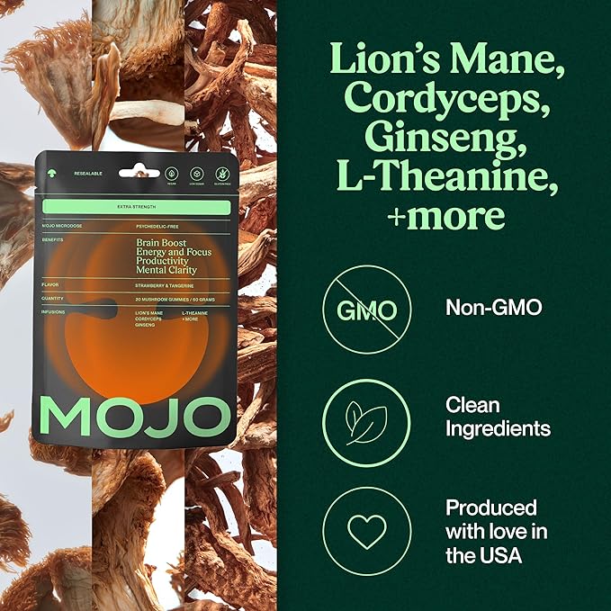 Mojo Focus Gummies with Lion’s Mane, Panax Ginseng, Ginger Root, Cordyceps, SAM-e, and Nootropics, Energy and Focus Supplement, Vegan, Strawberry Tangerine (20 Count - Pack of 1)