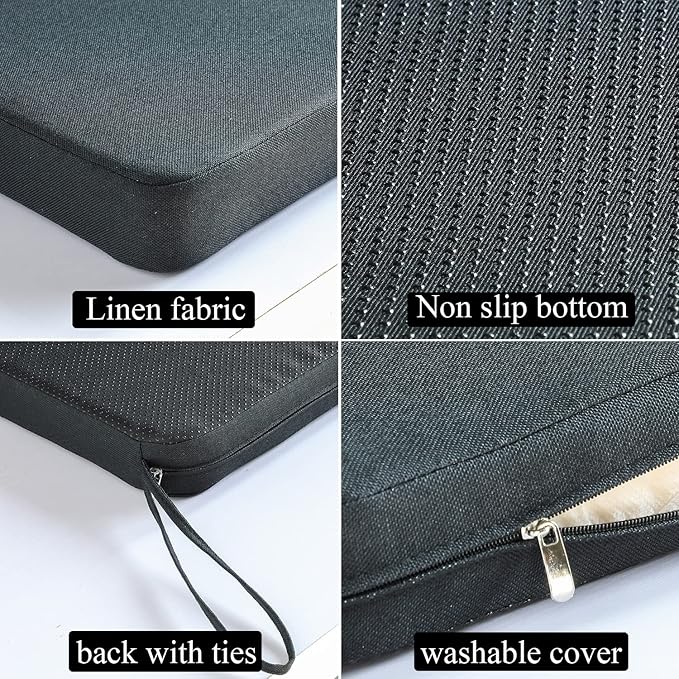 Chair Cushion for Dining Chairs with Ties Non Slip Memory Foam Kitchen Room Chair Pads for Outdoor Patio Furniture Set of 4, Black