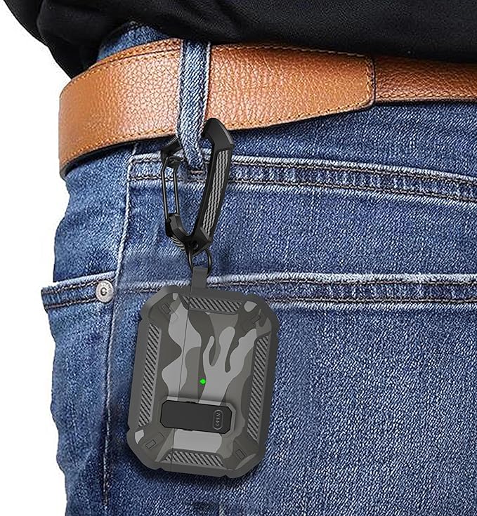 Maxjoy for AirPods Pro Case Cover with Lock, AirPods Pro 1st Generation Case for Men Military Rugged Protective Cover with Keychain Compatible with Apple AirPod Pros 2019 Front LED Visible, Grey Camo