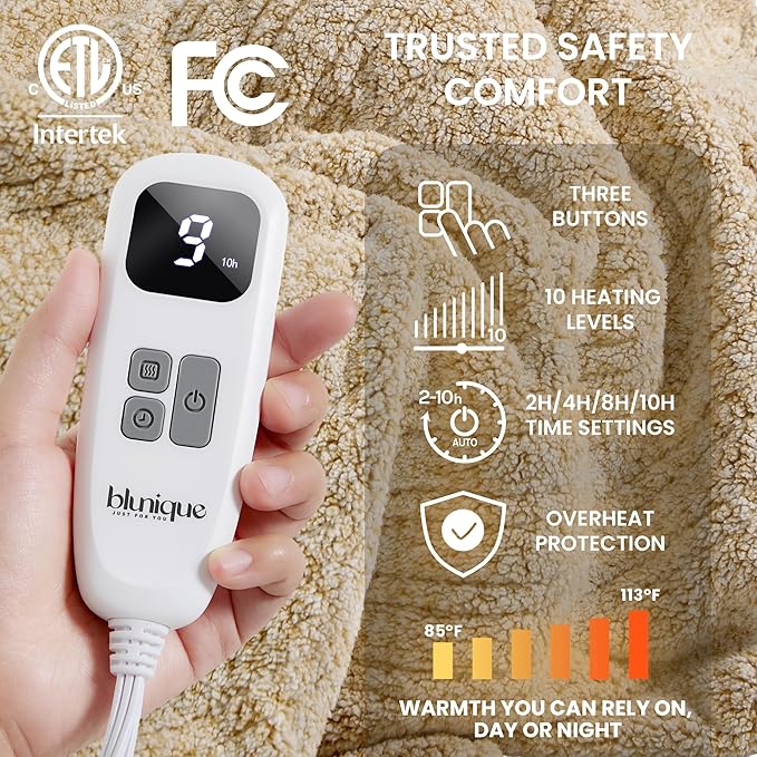 Electric Heated Blanket Twin 62x84 inches, Fast Heating w/ 10 Heat Settings & 2/4/8/10H Auto Timer, Double-Sided Sherpa, Ultra Soft & Cozy for Couch, Bed, Office, Machine Washable, Light Camel