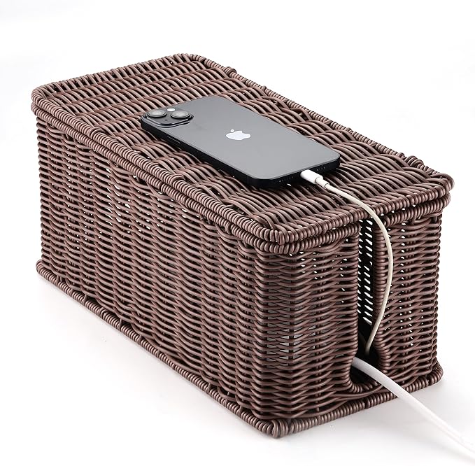 Large Cable Management Box, Handwoven Imitation Rattan Cord Organizer Cord Hider Box, Desk Cord Management Box to Hide Cords and Power Strips, Dark Brown
