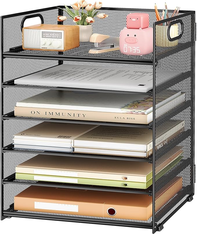 Subekyu 6 Tier Paper File Tray Organizer for Desk, Black Mesh Desk Letter Paper File Folder Accessories Sorter Organizer with Handle, Stackable Slide Tray for Office, Home or School Supplies Storage