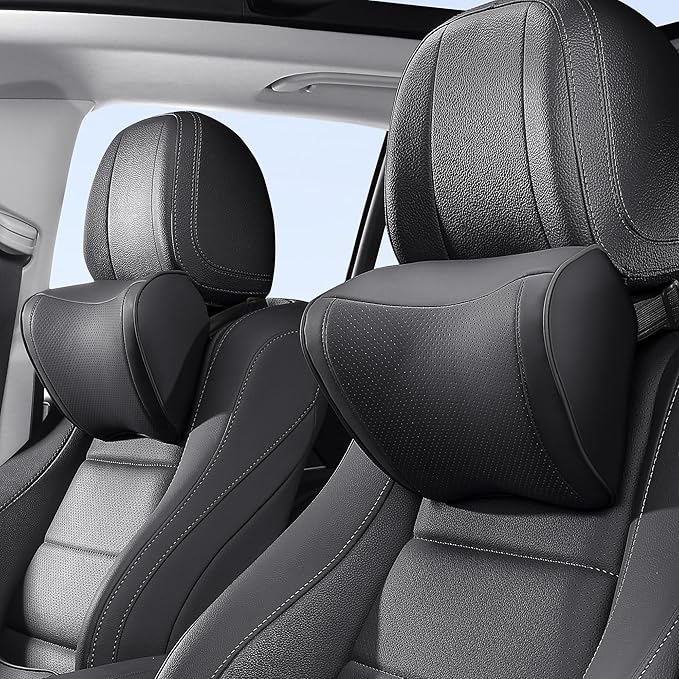 Car Headrest Pillow 100% Memory Foam, Breathable Removable Leather Cover, Premium Seat Support Head Neck Cushion for Driving Travel Home Office, Black, 2 Pack
